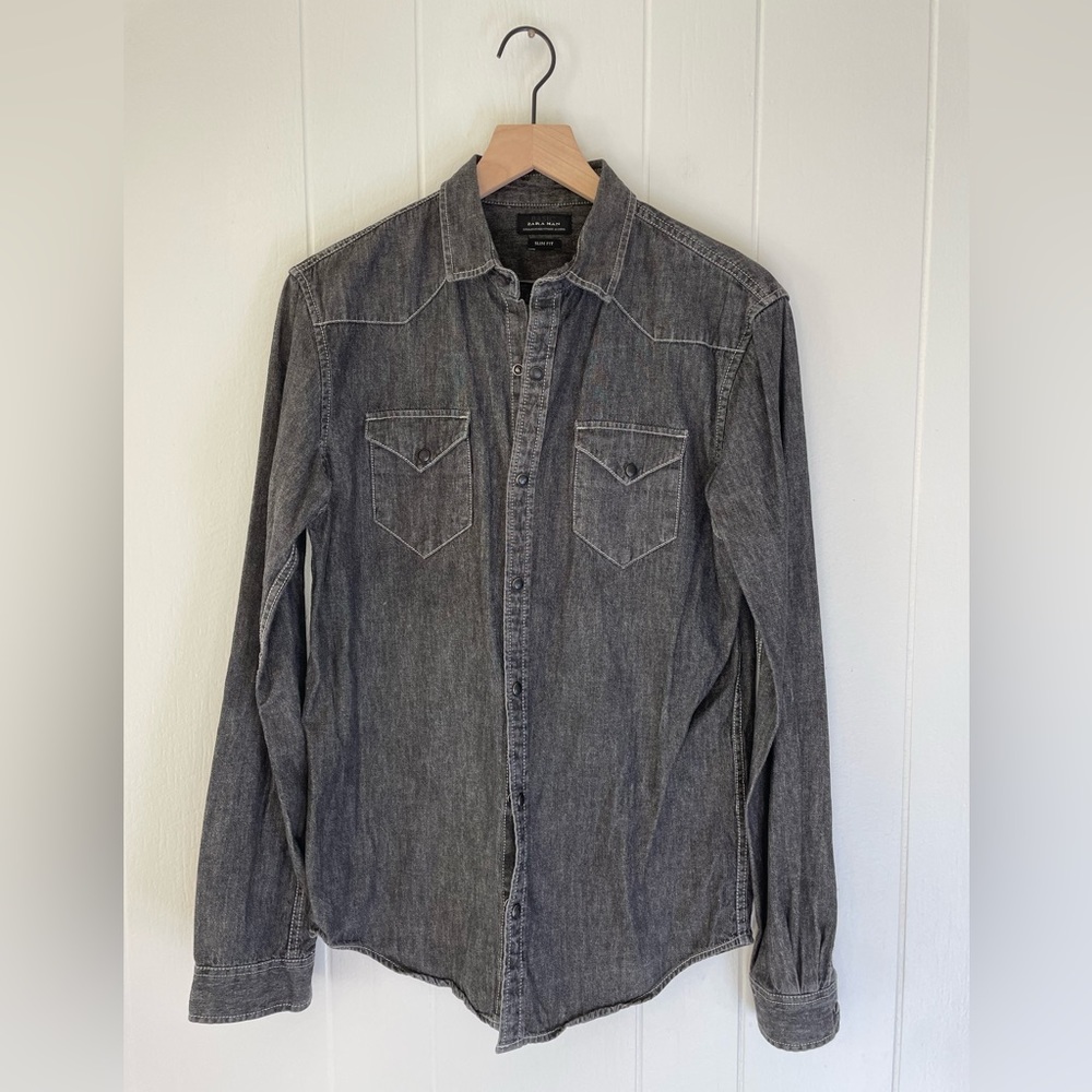 Zara Man Basic Black Denim Snap Front LS Shirt